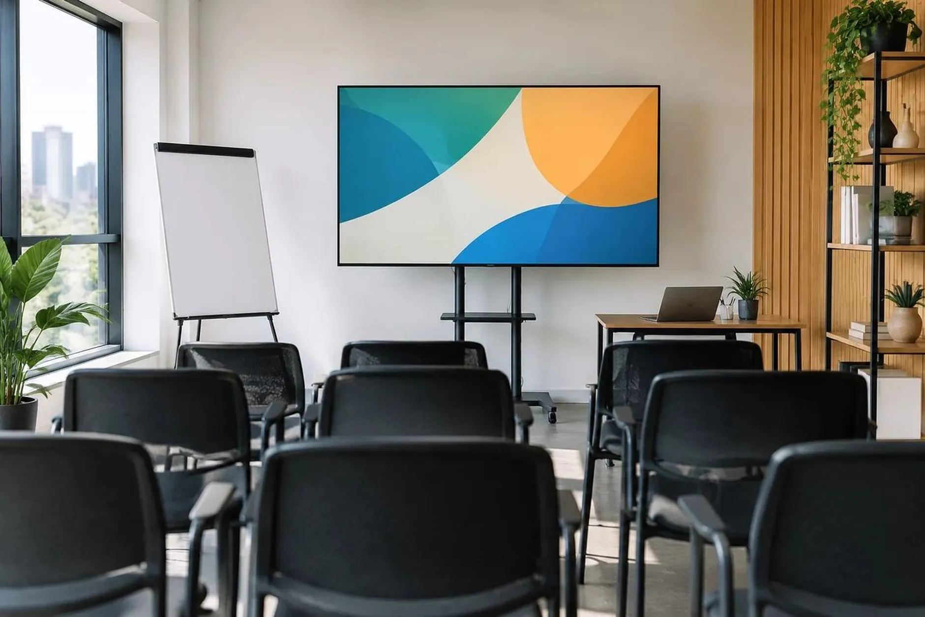 Fichas de roteiro, copo de água e passador de slides sobre a mesa